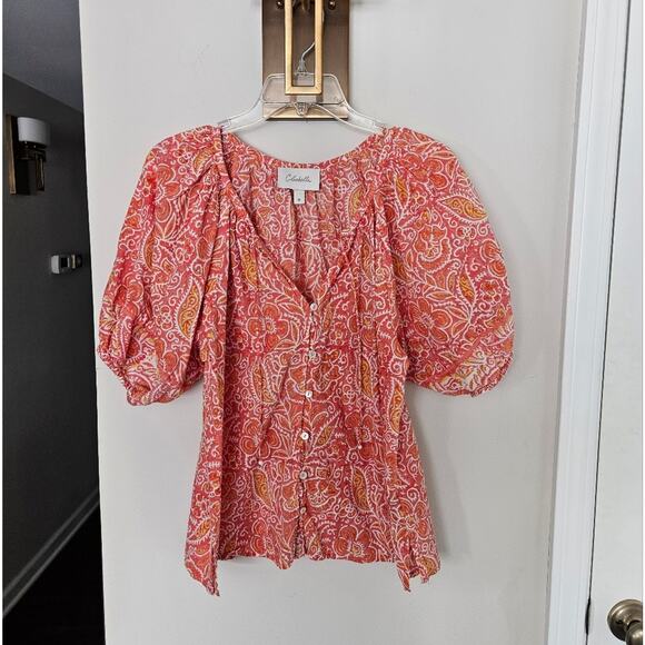 Cleobella Pink Blossom Block Print Layla Cotton Blouse Size Medium - Picture 2 of 12